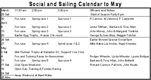Social & sailing calendar to may